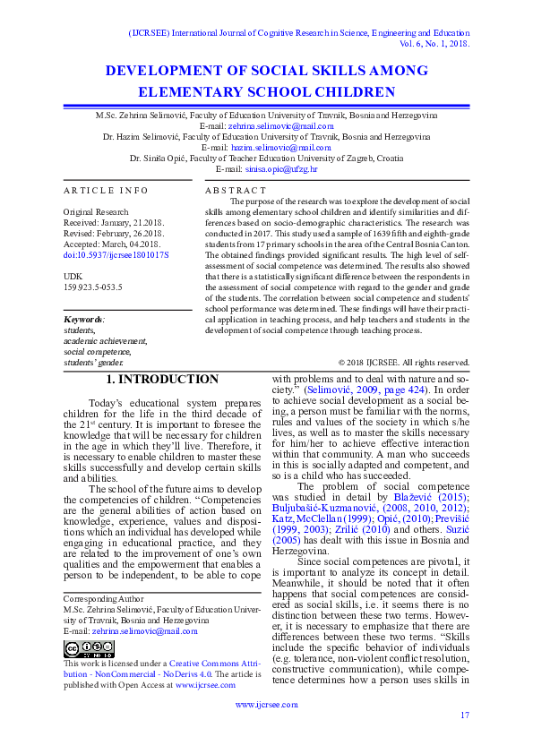 (PDF) Development of social skills among elementary school children