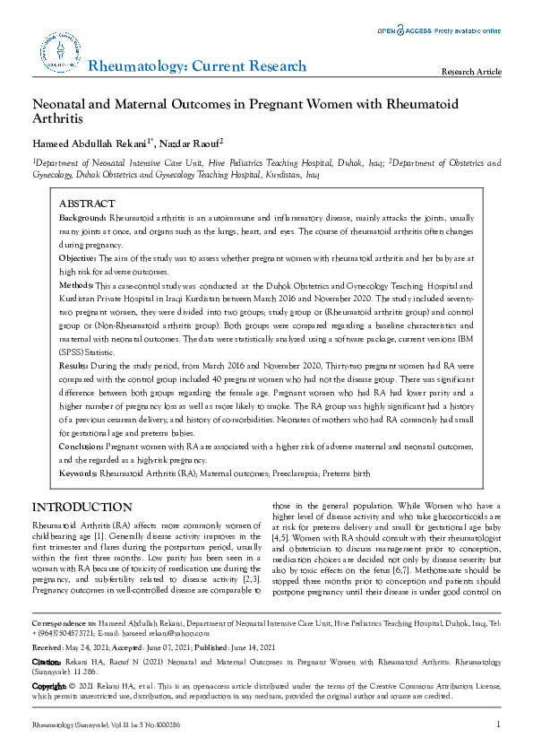 (PDF) Neonatal and Maternal Outcomes in Pregnant Women with Rheumatoid ...