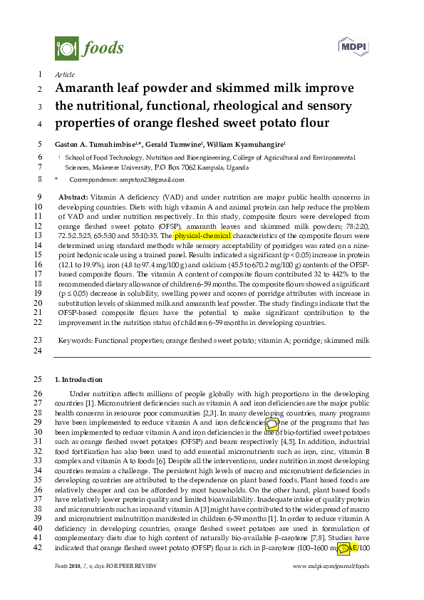 (PDF) Amaranth leaf powder and skimmed milk improve 2 the nutritional , functional , rheological
