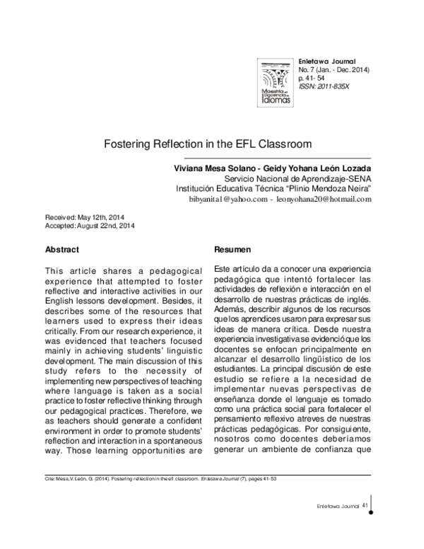 (PDF) Fostering reflection in the EFL classroom