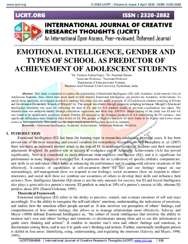 (PDF) Emotional Intelligence, Gender and Types of School as Predictor ...