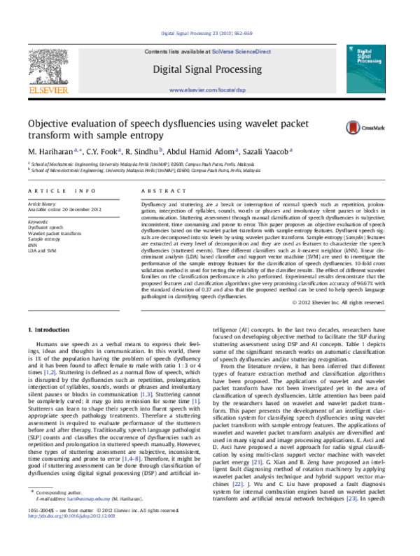 (PDF) Objective evaluation of speech dysfluencies using wavelet packet ...