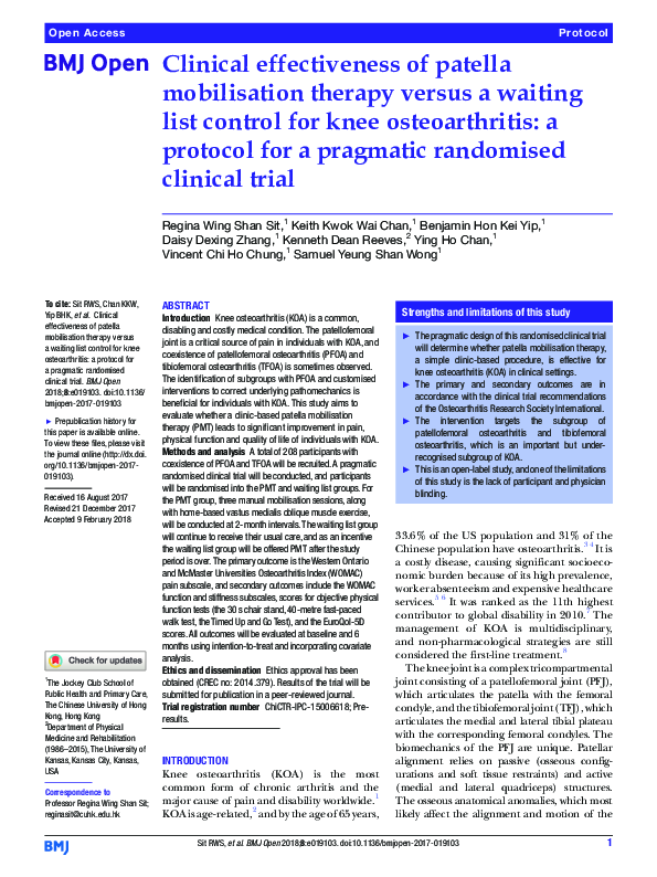 (PDF) Clinical effectiveness of patella mobilisation therapy versus a ...