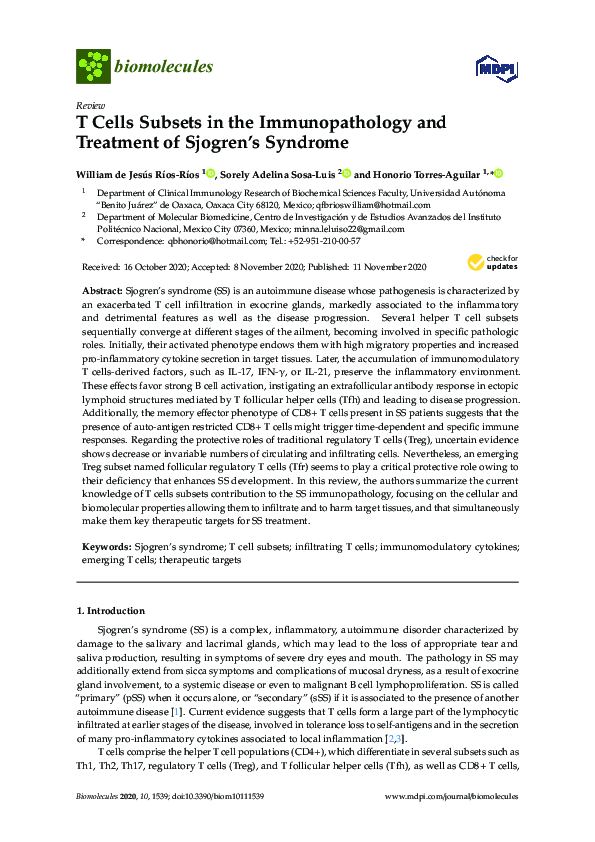 (PDF) T Cells Subsets in the Immunopathology and Treatment of Sjogren’s ...