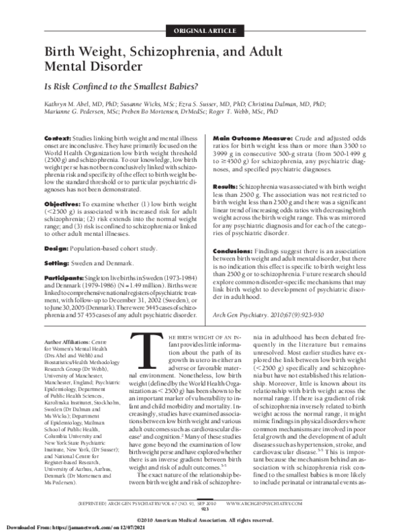 (PDF) Birth Weight, Schizophrenia, and Adult Mental Disorder Ezra