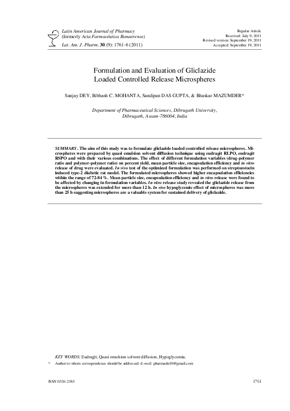 (PDF) Formulation and evaluation of gliclazide loaded controlled ...