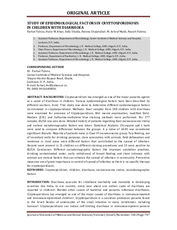 (PDF) Study of Epidemiological Factors in Cryptosporidiosis in Children ...