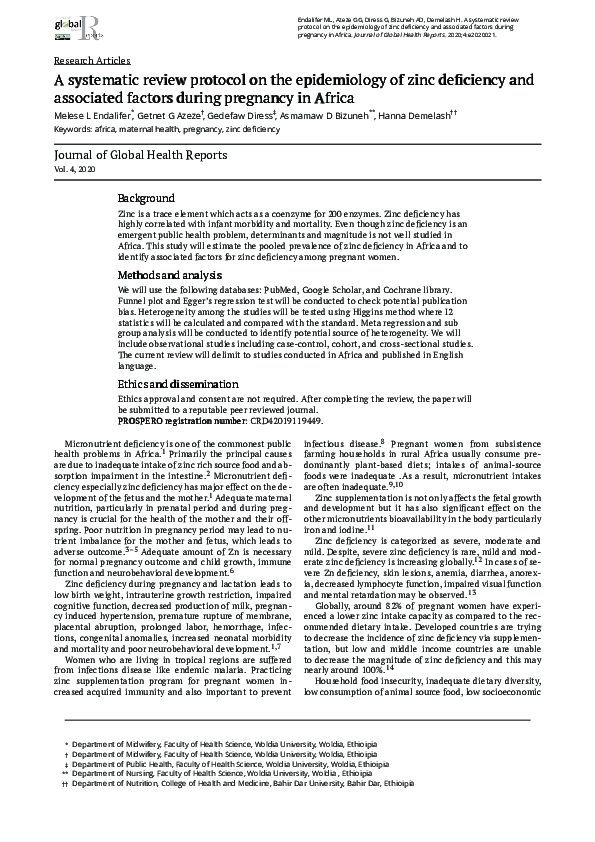 (PDF) A systematic review protocol on the epidemiology of zinc deficiency and associated factors