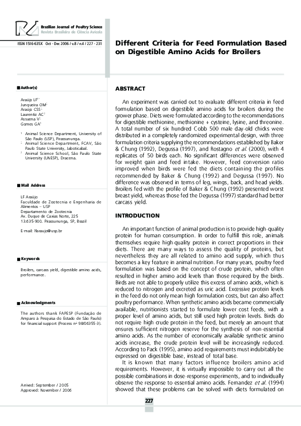 (PDF) Different criteria for feed formulation based on digestible amino