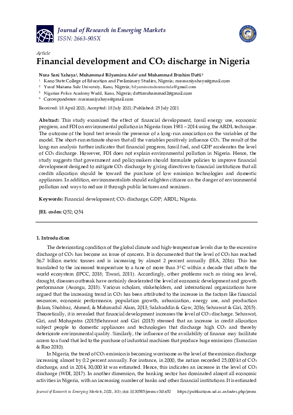 (PDF) Financial development and CO2 discharge in Nigeria