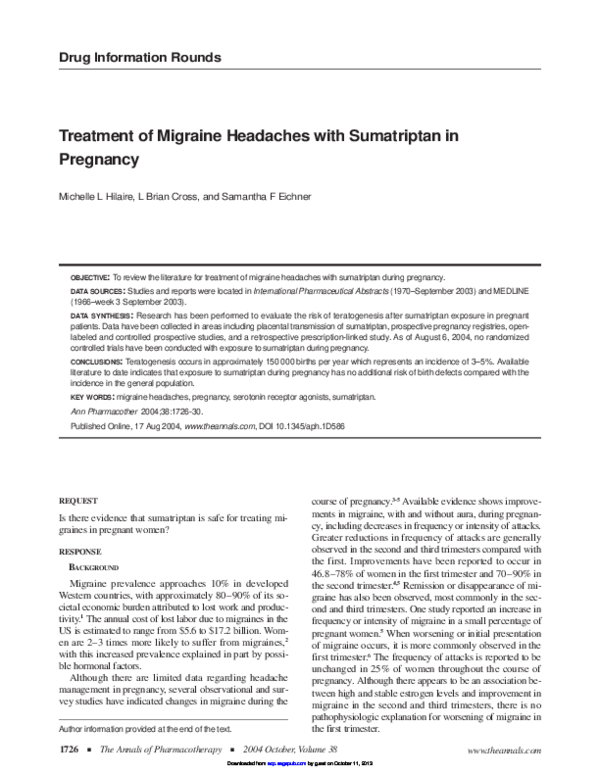 (PDF) Treatment of Migraine Headaches with Sumatriptan in Pregnancy