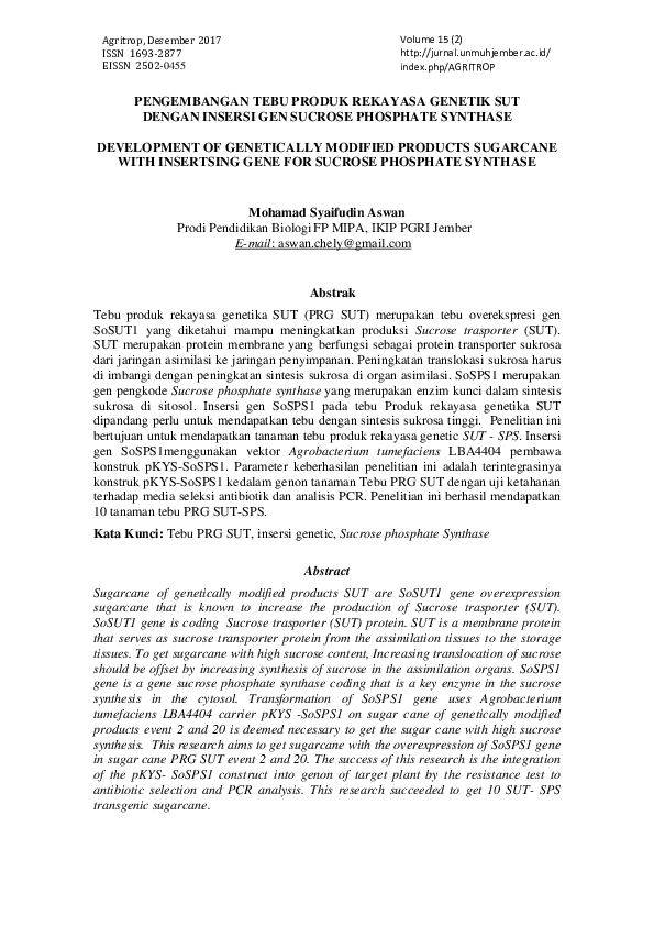(PDF) Pengembangan Tebu Produk Rekayasa Genetik Sut Dengan Insersi Gen ...