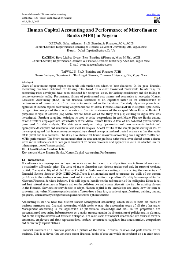 (PDF) Human Capital Accounting and Performance of Microfinance Banks ...
