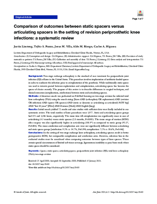 (PDF) Comparison of between static spacers versus articulating spacers in the setting