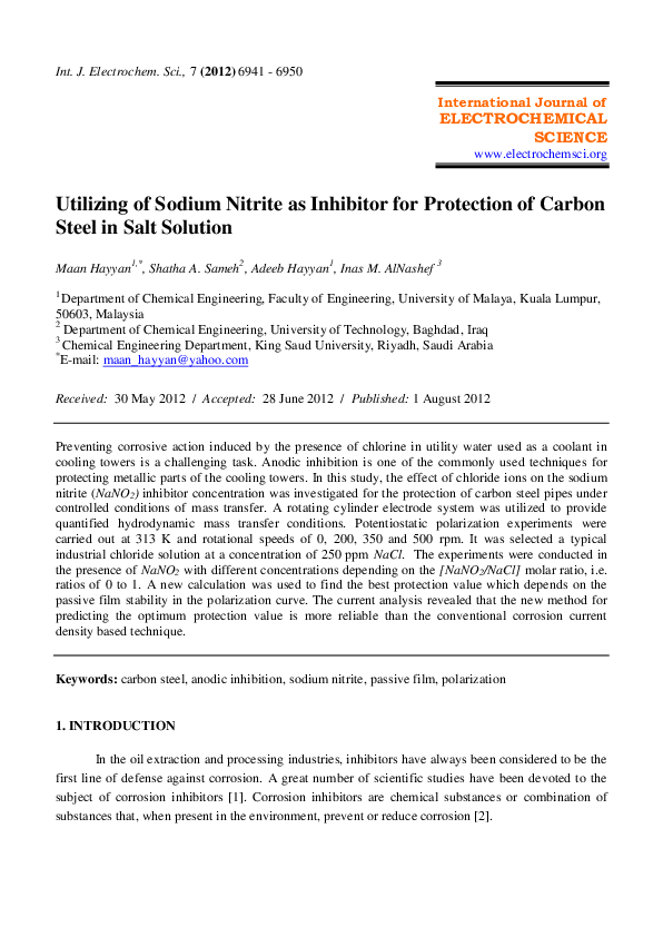 (PDF) Utilizing of Sodium Nitrite as Inhibitor for Protection of Carbon ...