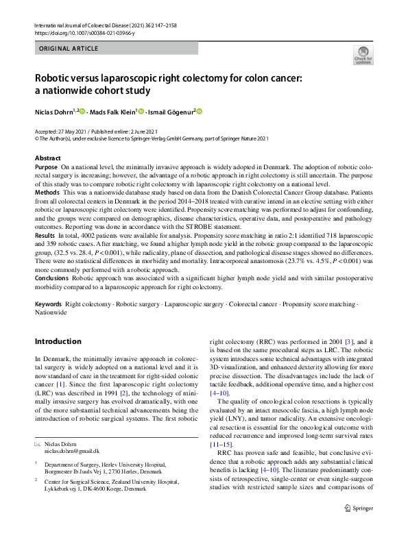 (PDF) Robotic versus laparoscopic right colectomy for colon cancer: a ...