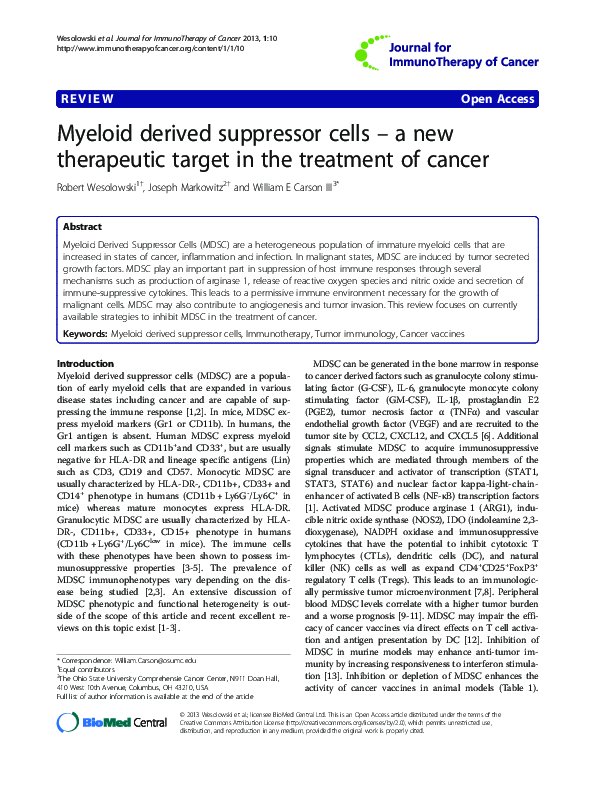 (PDF) Myeloid derived suppressor cells - a new therapeutic target in ...