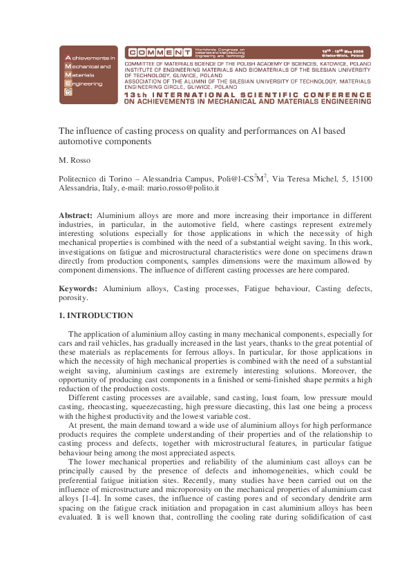 (PDF) The influence of casting process on quality and performances on ...