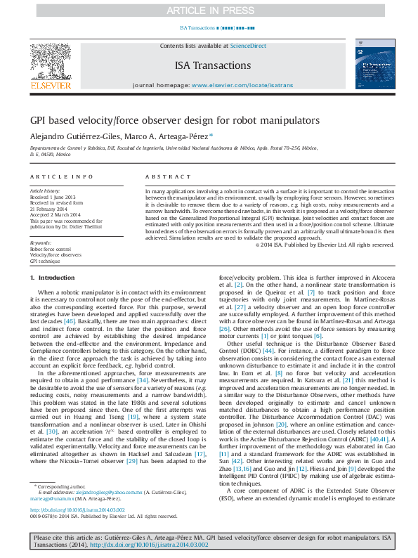 (PDF) GPI based velocity/force observer design for robot manipulators
