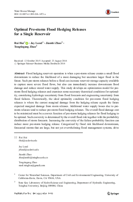(PDF) Optimal Pre-storm Flood Hedging Releases for a Single Reservoir