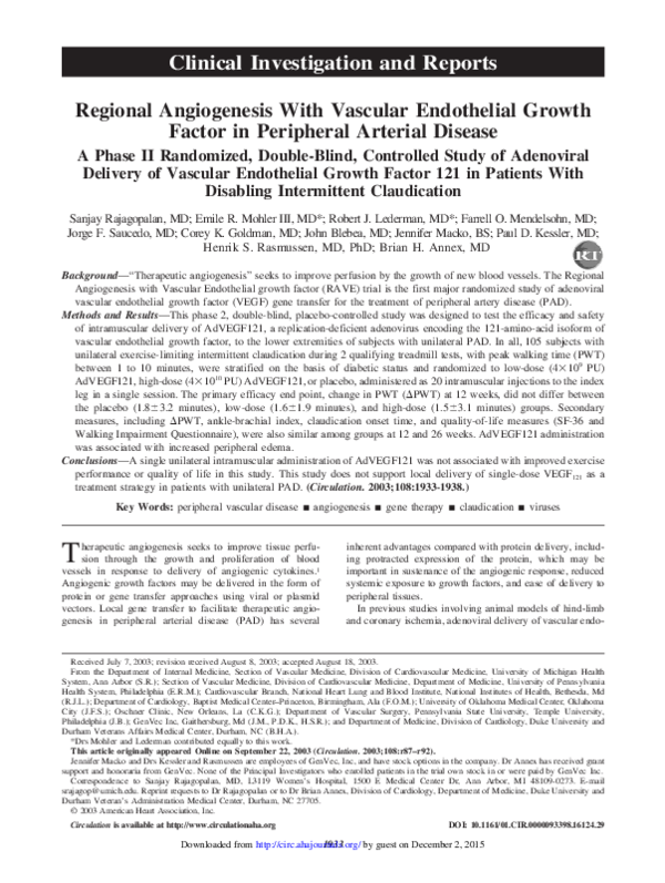 (PDF) Regional angiogenesis with vascular endothelial growth factor in ...