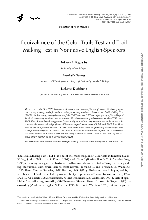 (PDF) Equivalence of the Color Trails Test and Trail Making Test in ...
