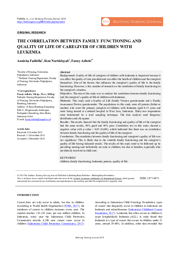 (PDF) The Correlation Between Family Functioning and Quality of Life of ...