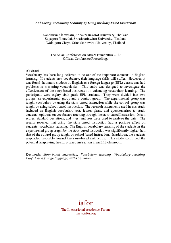 (PDF) Enhancing Vocabulary Learning by Using the Story-based Instruction