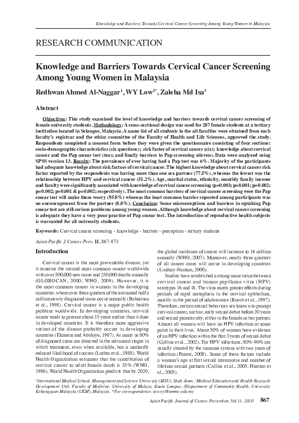 (PDF) Knowledge and barriers towards cervical cancer screening among ...