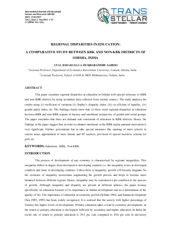 (PDF) Regional Disparities in Education : A Comparative Study Between ...