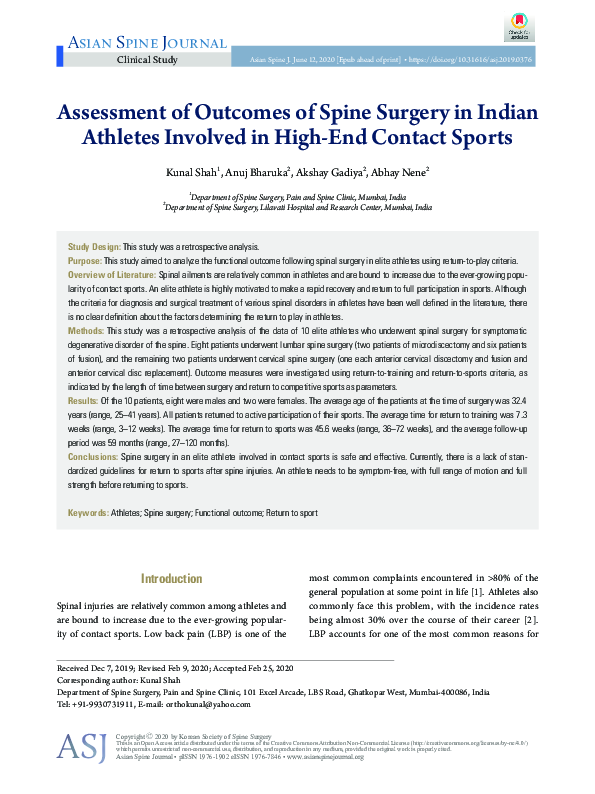 (PDF) Assessment of Outcomes of Spine Surgery in Indian Athletes ...