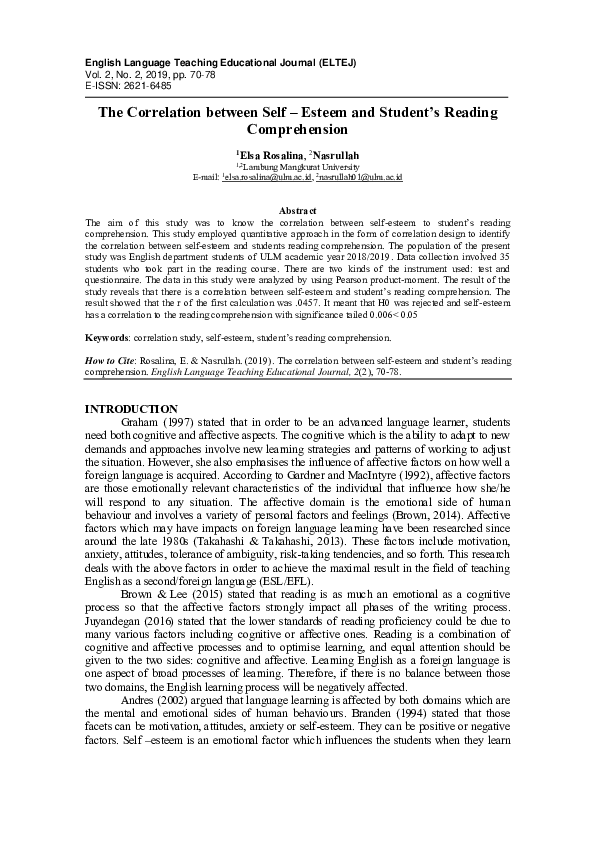 (PDF) The Correlation between Self – Esteem and Student’s Reading ...