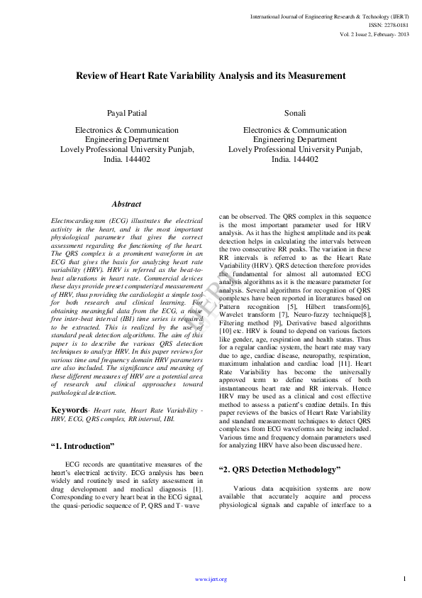 (PDF) Review of Heart Rate Variability Analysis and its Measurement