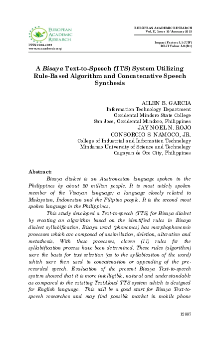 (PDF) A Bisaya Text-to-Speech (TTS) System Utilizing Rule-Based ...