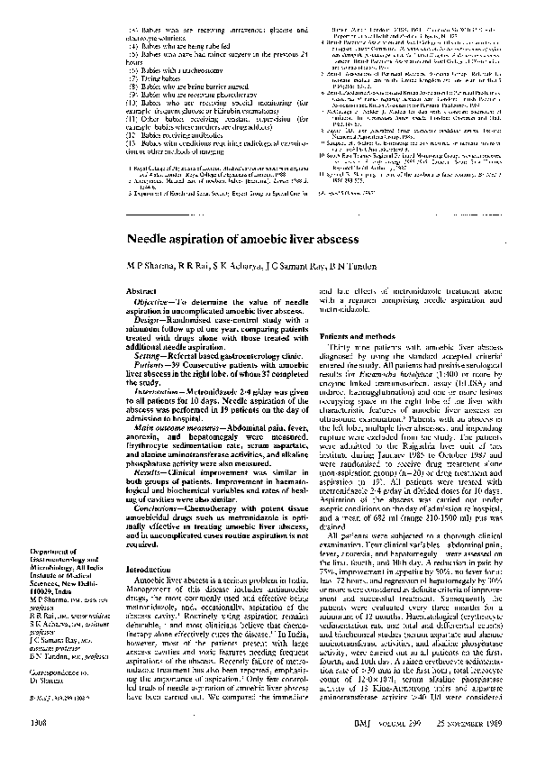 (PDF) Needle aspiration of amoebic liver abscess