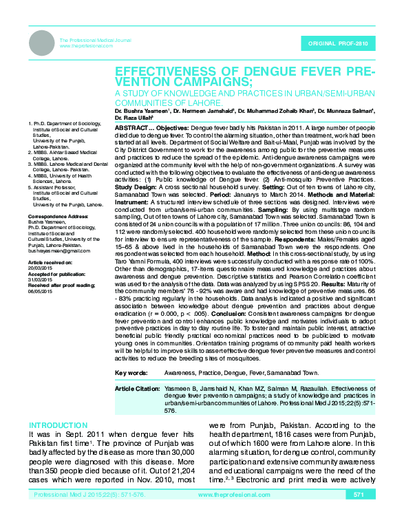 (PDF) Effectiveness of Dengue Fever Pre- Vention Campaigns; a Study of ...