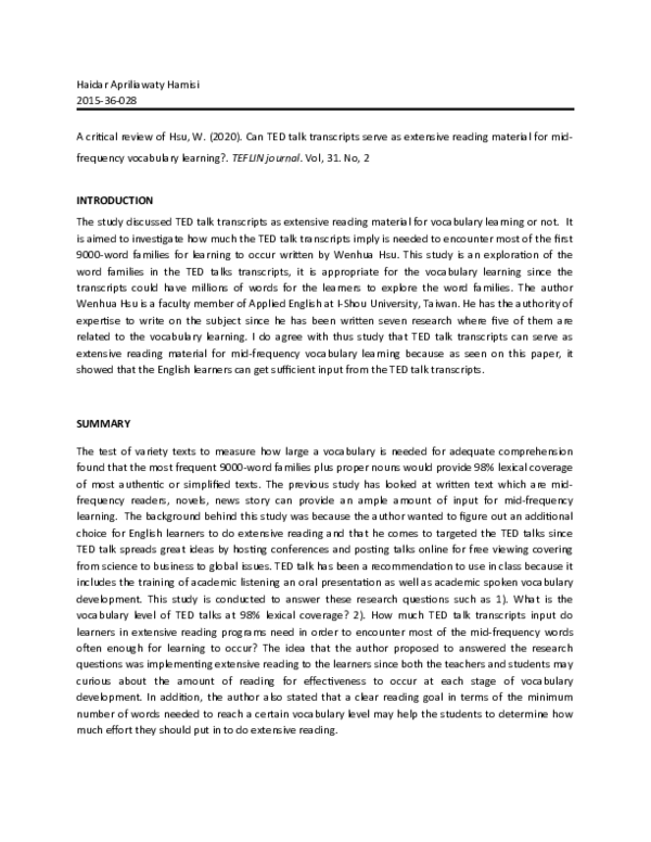 (DOC) Can TED talk transcripts serve as extensive reading material for