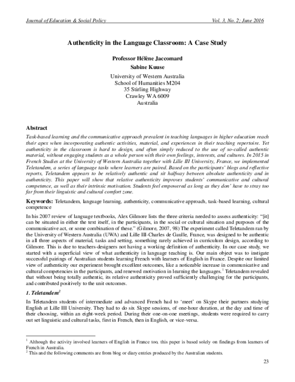 Pdf Authenticity In The Language Classroom A Case Study