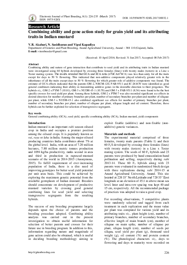 (PDF) Combining ability and gene action study for grain yield and its ...