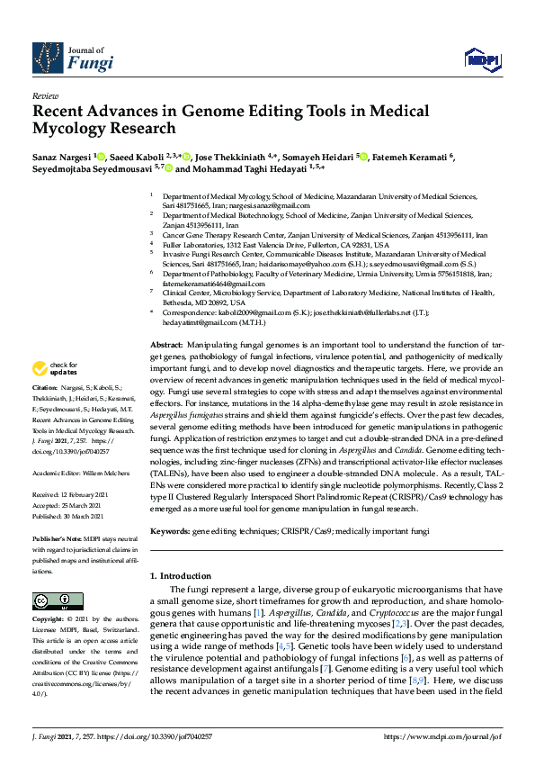 (PDF) Recent Advances in Genome Editing Tools in Medical Mycology Research