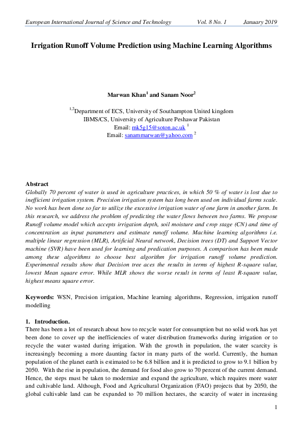 (PDF) Irrigation Runoff Volume Prediction using Machine Learning Algorithms