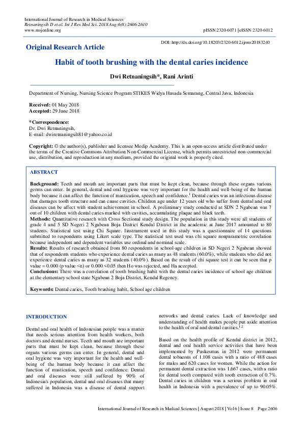 (PDF) Habit of tooth brushing with the dental caries incidence