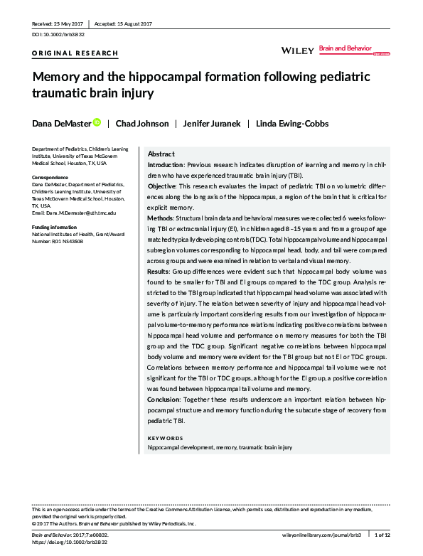 (PDF) Memory and the hippocampal formation following pediatric ...