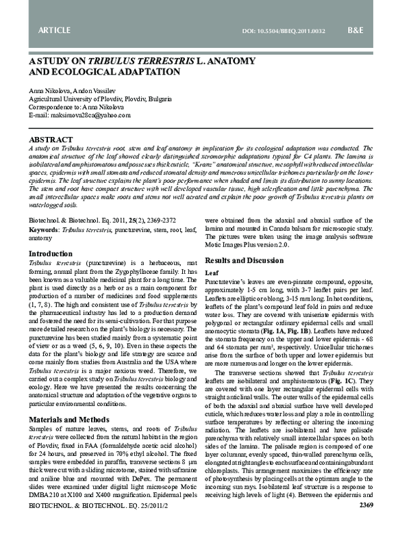 (PDF) A Study on Tribulus Terrestris L. Anatomy and Ecological Adaptation andon vassilev