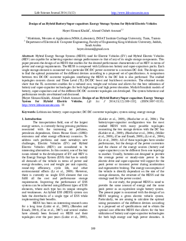(PDF) Design of an Hybrid Battery / Supercapacitors Energy Storage ...