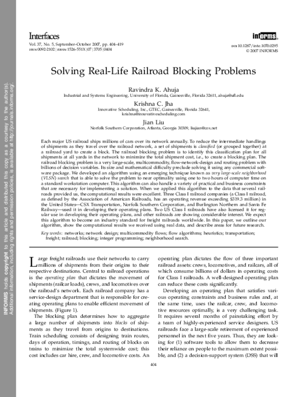 (PDF) Solving Real-Life Railroad Blocking Problems