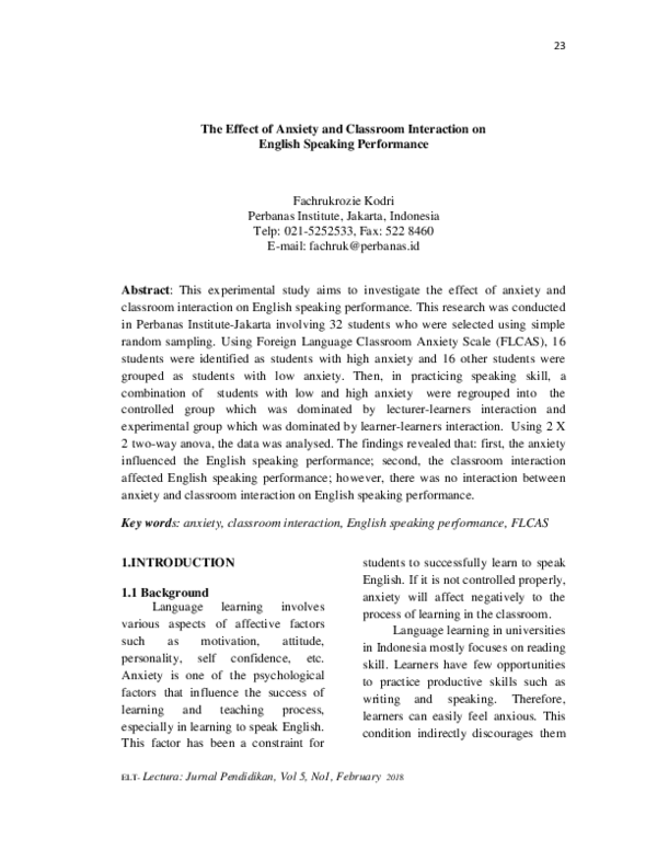 (PDF) The Effect of Anxiety and Classroom Interaction on English ...