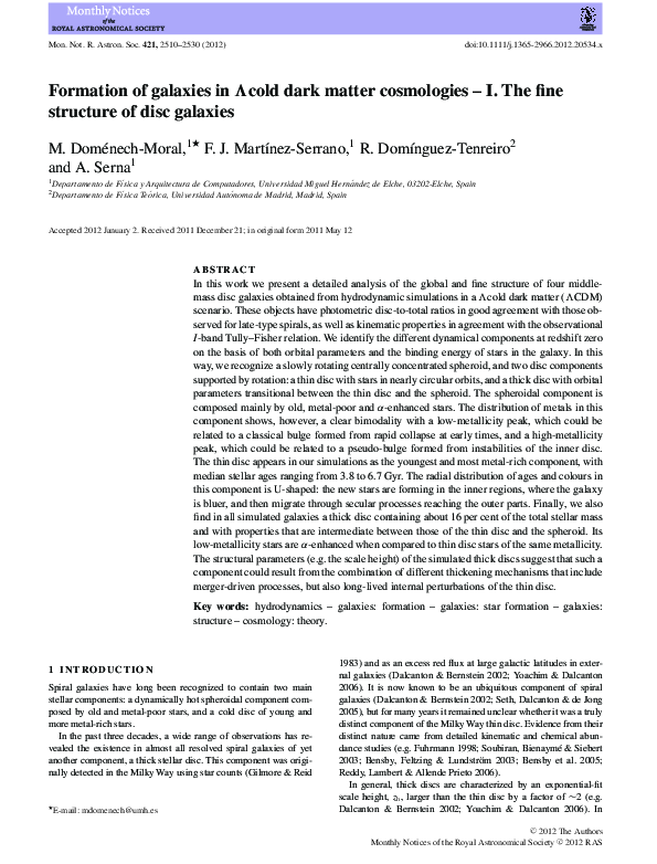 (PDF) Formation of galaxies in Λcold dark matter cosmologies - I. The ...
