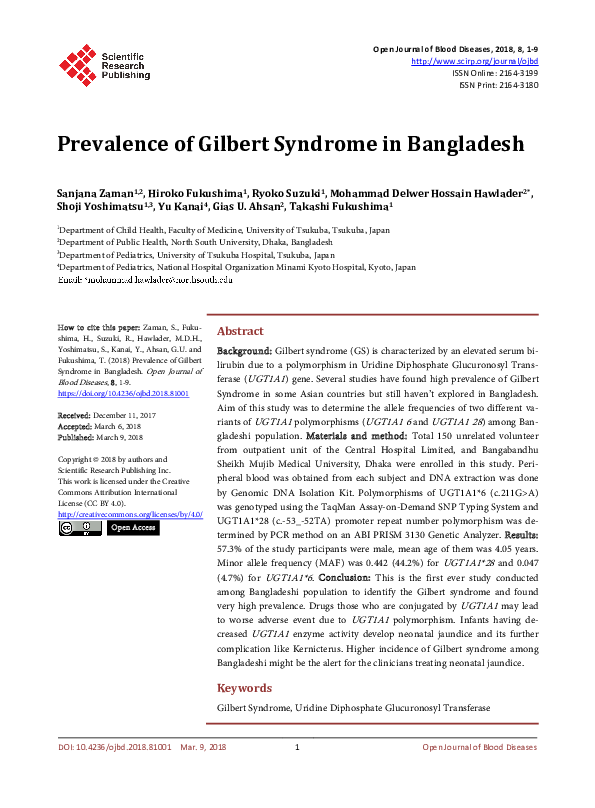 (PDF) Prevalence of Gilbert Syndrome in Bangladesh sanjana zaman