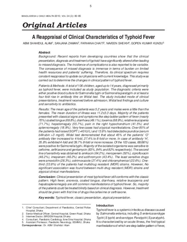 (PDF) A Reappraisal of Clinical Characteristics of Typhoid Fever